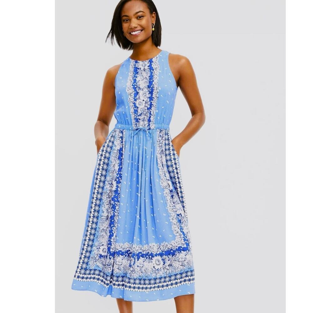 LOFT Floral Midi Dress Womens Medium Blue Open Back Pocket Beachy Summer